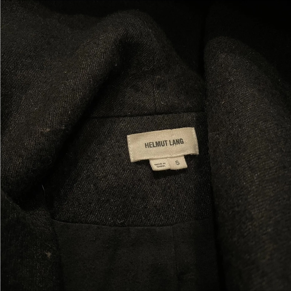 HELMUT LANG BLACK WILLOWED FELT LEATHER-SLEEVE COAT - Picture 8 of 9